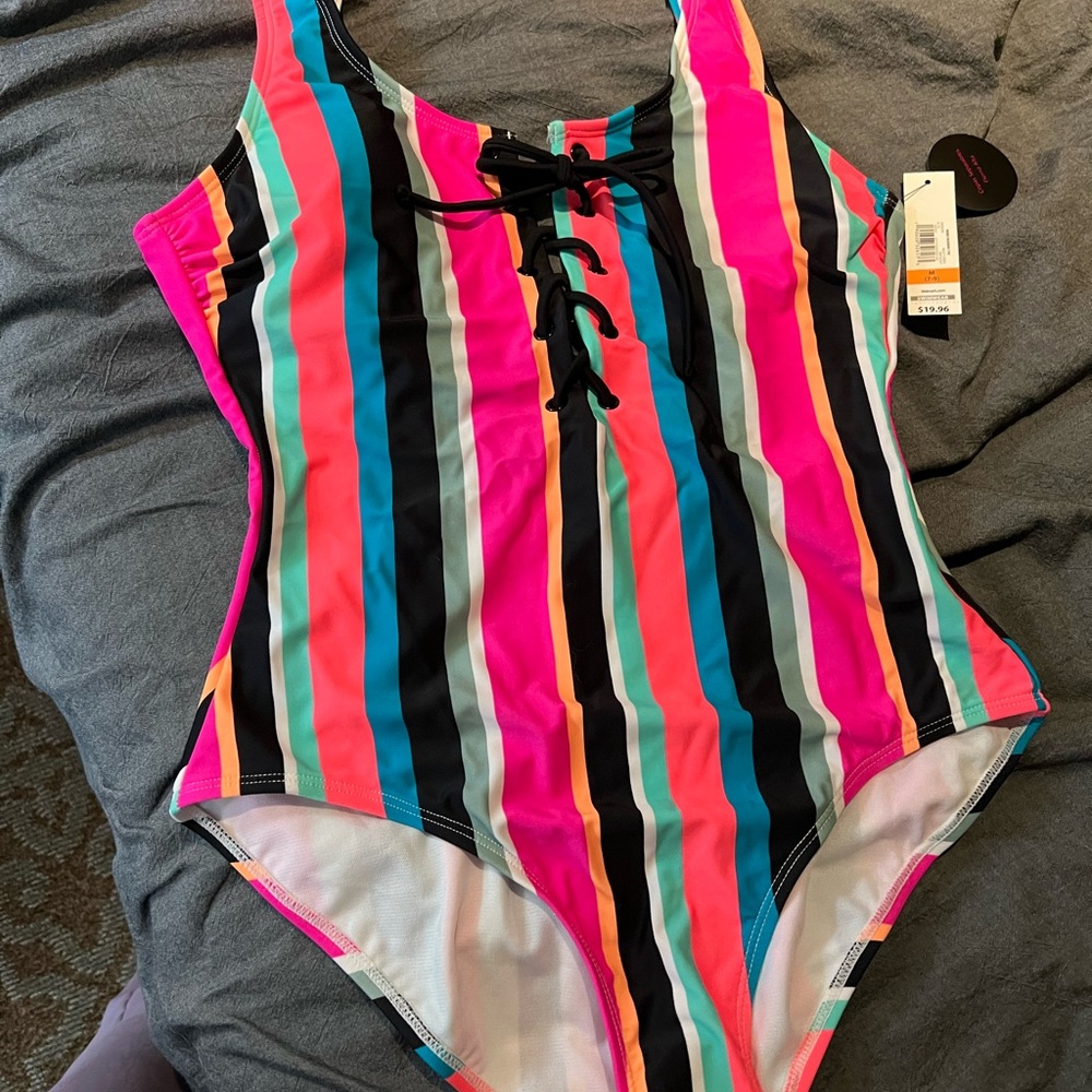 Cute multi stripe one piece lace up swimsuit